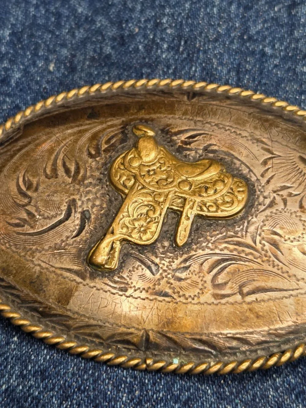 Vintage B-K Silversmith Hand Engraved Sterling Silver Front Saddle Belt Buckle